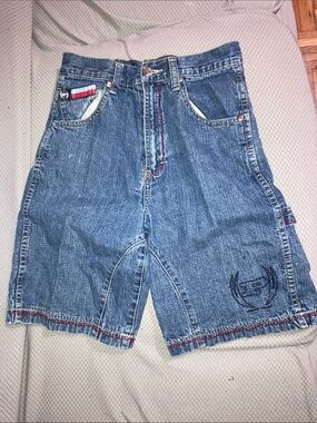 Phat Farm Blue Denim Jean Shorts with Red Trim and Embroidered Logo
